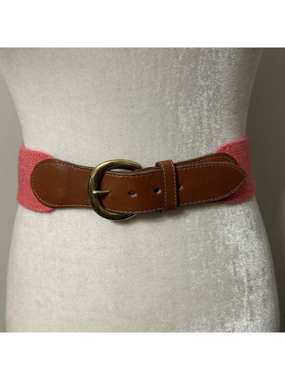 Lands End Women Stretch Fabric & Brown Leather Belt Brass Buckle Hot Pink Sz 30
